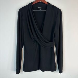 DKNY Black Faux Wrap Ruched Longsleeve Top Womens Large Minimalist Stretch Chic